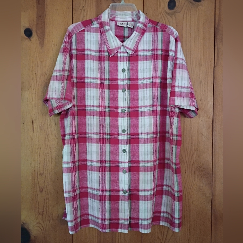 Crossroads Woman Plaid Linenblend Button Down Shirt Short Sleeve NWOT